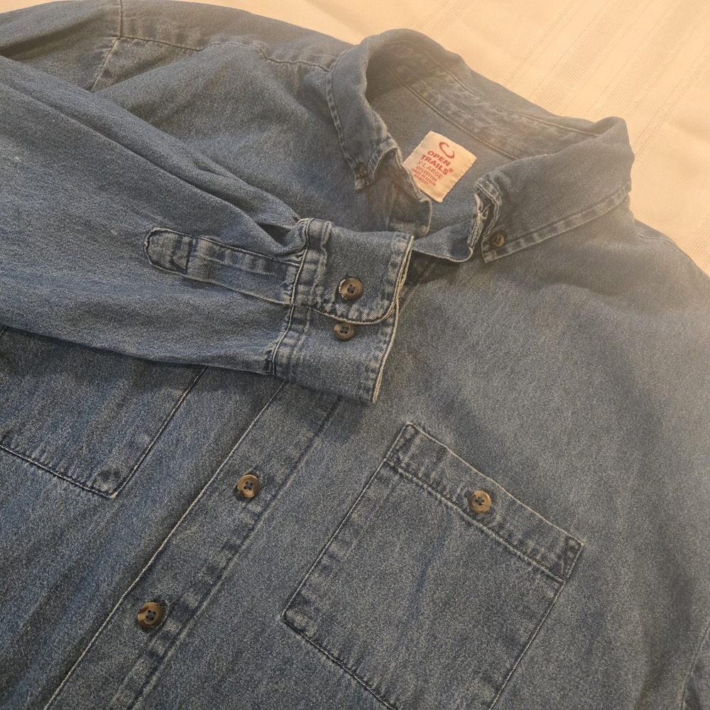VTG 90s Open Trails Mens Denim Shirt XL Long Sleeve Outdoors Work Wear